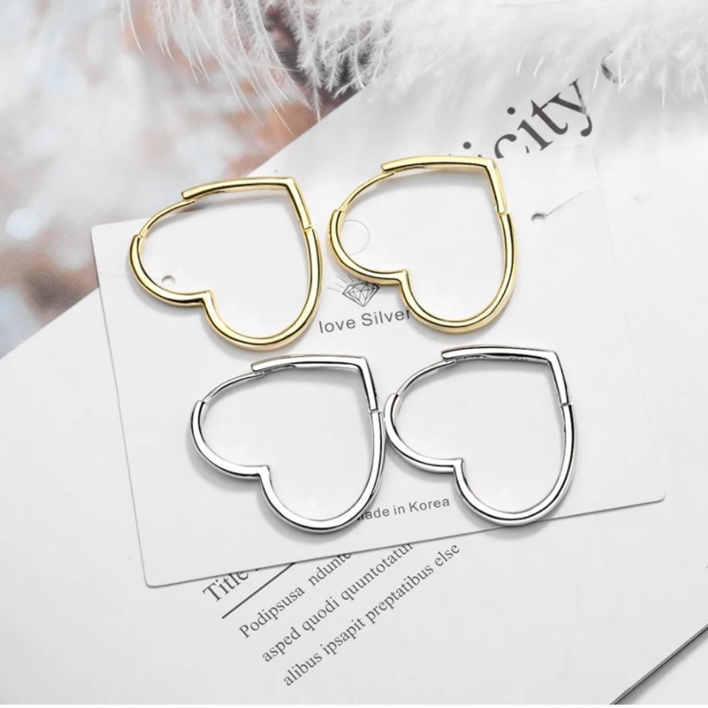 925 Silver Love Heart Hoop Earrings - Picture 3 of 12